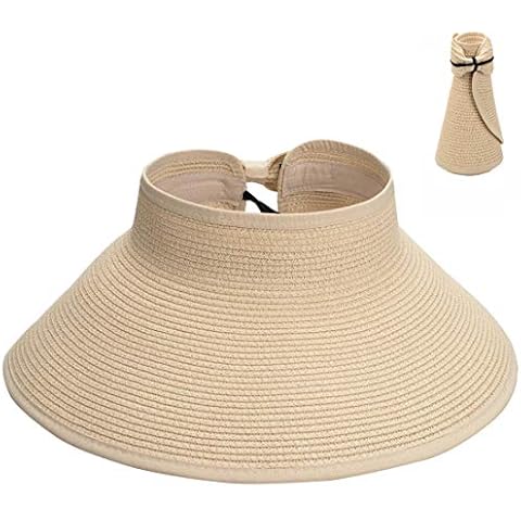 Maylisacc Ladies Summer Wide Brim Visor Hat Breathable, Rollable Topless Sun Visors with Stylish Bowknot for Women, Beige Cover