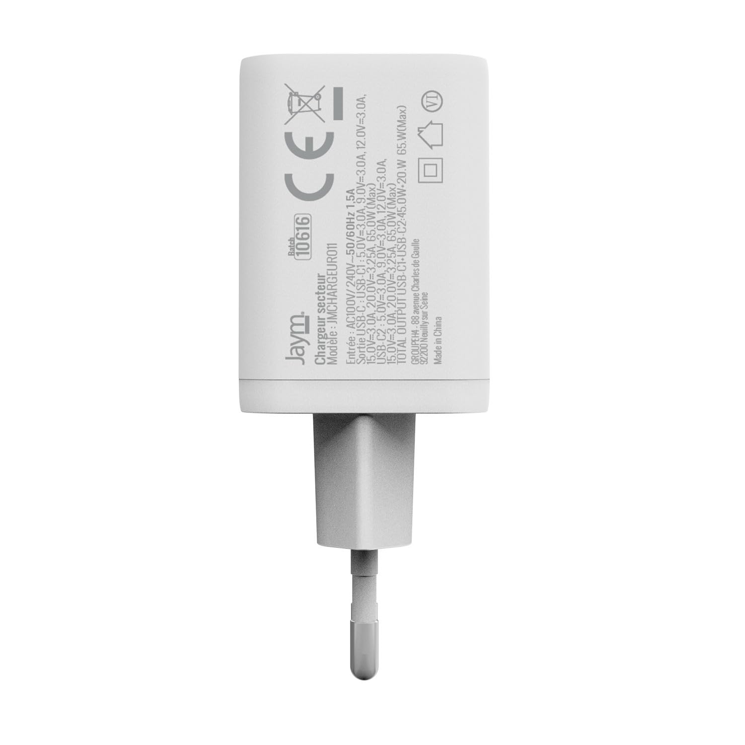 Jaym - Cargador de corriente GaN 65 W + cable USB-C 2 m 100 W Dual USB-C de carga rápida PD PPS para MacBook Pro, iPad, PC portátil, iPhone 17/16, Samsung S26/S25