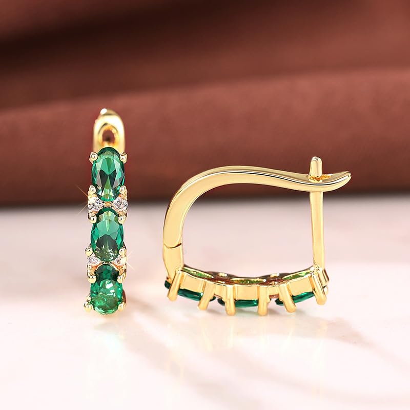 Small U Shaped Hoop Earrings for Women 14k Gold Plated Huggie Earring Princess Cut Oval Simulation Moissanite Emerald Birthstone Wedding Thin Earrings Jewelry Gifts2