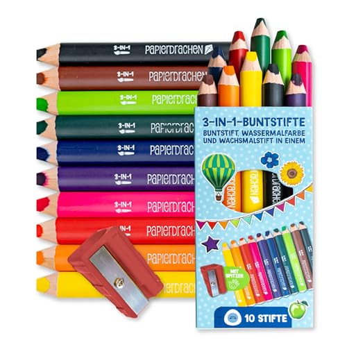 Papierdrachen 3-in-1 Buntstifte mit Anspitzer - 10 St. - Bunt - dicke Malstifte für Kinder - Wachsmaler & Aquarellstift - wasservermalbar - Kita - Schule