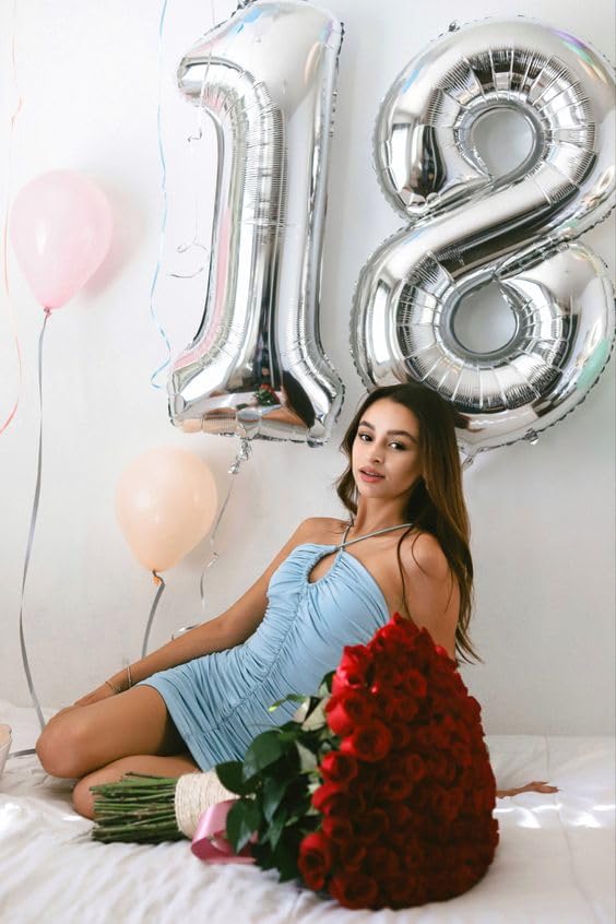 Image of Silver Number 18 Balloon 40 inch, 18 Number Balloons, 18th Silver Birthday Decorations, 18 Year Old Silver Party Supplies