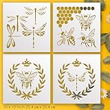 Bee and Dragonfly Stencil Set of 4 – 10 x 10 Inch Reusable Nature Templates with Laurel Wreath, Honeycomb, and Crown Designs for DIY Painting, Farmhouse Décor, Furniture, and Crafts