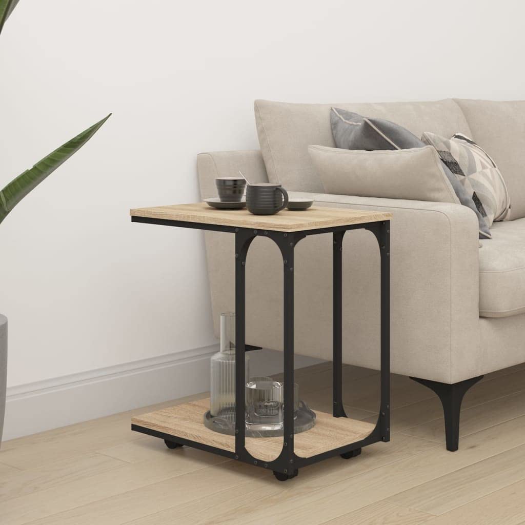 Mesa auxiliar con ruedas de roble Sonoma, 50 x 35 x 55,5 cm, mesa de centro en forma de C con estante y estante para salón, dormitorio, pasillo, balcón, sofá, cama, decoración, lámpara