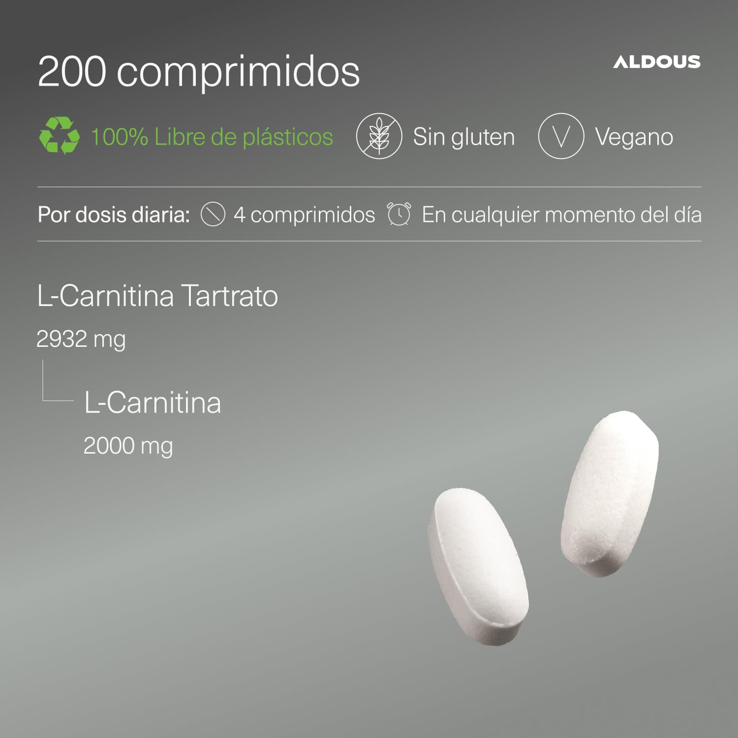 L Carnitina 2000 mg - 200 Comprimidos - Suplemento Pre Entreno y Recuperador Muscular - 2932 mg L-Carnitina Tartrato Alta Potencia - Energía, Resistencia - Vegano, Sin Gluten, Sin Aditivos - ALDOUS