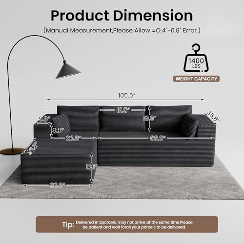 Image of 106 inch Cloud Sectional Boneless Couches for Living Room, Modular L Shaped Couch with Deep Seat Oversized Left Facing Chaise, Memory Foam Compressed Spineless 3 Seater Sofa for Bedroom Apartment, Grey