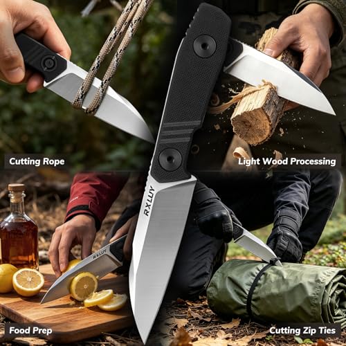 RXLUY Fixed Blade Knife with Sheath, 14C28N Full Tang Steel Blade, Tactical Survival EDC Utility Knives with G10 Handle, Adjustable Kydex Sheath Belt Clip for Camping Hunting Hiking Gardening (Black) - image 5
