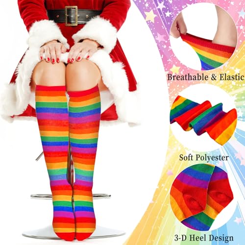 17.7 inch Knee High Opaque Socks,Athletic Stretchy Sock for LGBT,Teens,Women,Girl,Halloween,Black Rainbow3