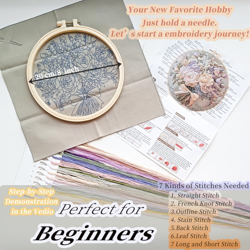 Image of FONNUY Bouquet Flowers Embroidery Kit for Beginners, Pre-Stamped Pattern Kits for Adults with Hoop, Easy to Follow Color Thread Needlework, 8'' Hoop (Timeless Elegance)
