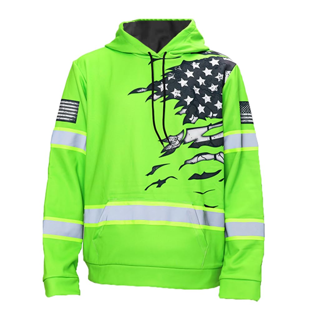 HiVis Custom Safety Hoodie - Scratch Green Neon USA Flag Reflective High Visibility for Men - Hi Vis Construction Workwear for Runners, Walkers, Trucker, Operator, Patriotic-S
