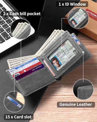 Image of Artpaxy Mens Wallet Bifold Genuine Leather RFID Blocking Wallet for Men with 1 ID Window 15 Card Holders 2 cash pockets 1 Gift Box