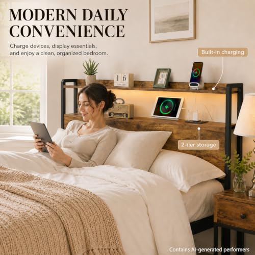 Image of Full Size Headboard with Storage Shelf, Charging Station, Adjustable Height | Particle Board & Metal Frame, for Bedrooms, 55 In Storage Shelf, 2 Outlets & 2 USB Ports, Adjustable Height, Rustic Brown