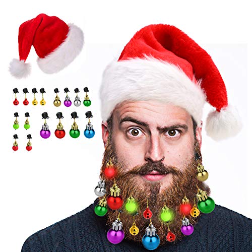 HOWAF 16 Decorazioni per Barba Palline di Natale, 4 Ornamenti per Barba Illuminati, 8 Lampadina, 4 campanelli da Slitta Ornamento per Barba e Cappello Babbo Natale Peluche per Adulti Uomo Regalo