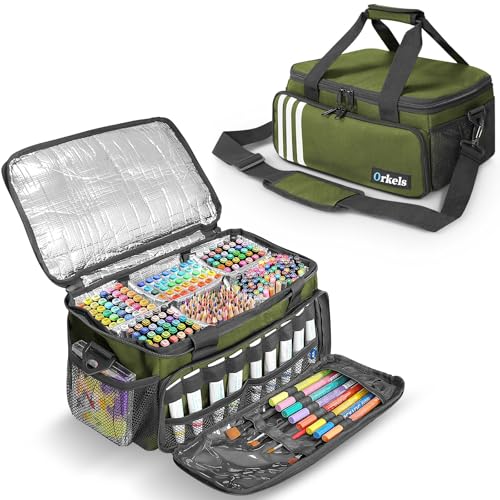 Image of ORKELS Paint and Marker Organizer, Acrylic Paint Storage Bag with Brush and Bottle Holders, Large Marker Carrying Case for Artists, Up to 216 markers or 54 bottles of 2oz acrylic paint (Green)
