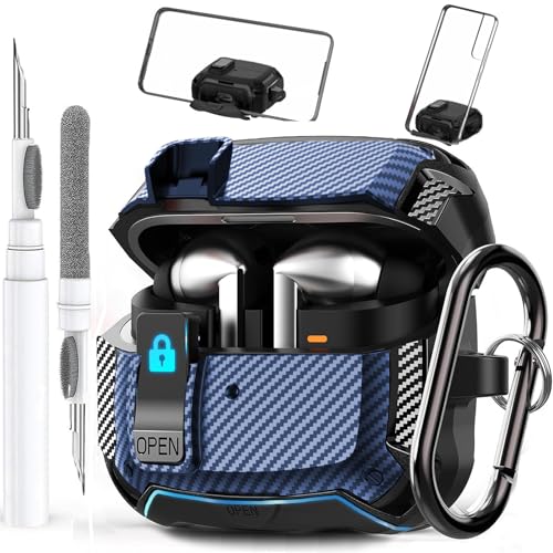 Image of Galaxy Buds 3 Pro /3 /3 FE Case Cover with Phone Stand&Lock Clip, Shockproof Galaxy Buds 3 FE /3 /3 Pro Protective Hard Cover Shell with Carabiner&Cleaner kit for Men Women, Carbon Black /Blue