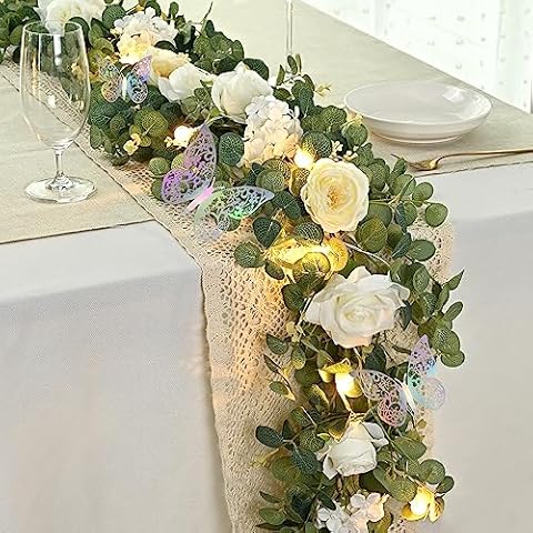Yastouay 6.3 Ft Super Full White Flower Garland with Light Butterfly, Artificial Eucalyptus Garland with Flowers Fake Rose Vine Garland for Table Centerpiece Wedding Arch Baby Shower Room Decor Cover