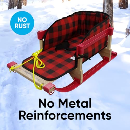Image of Superio Children Wooden Sled, Snow Sled for Toddlers, Kids Sleigh with Pull Ropes and Cushion, Baby Sled