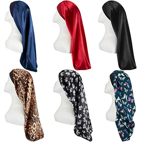 6 Pieces Long Satin Sleep Cap Long Braids Bonnet Loose Sleeping Cap Solid Color Sleep Bonnet Cap for Women Dreadlocks Curly Hair (Floral, Butterfly, Leopard Print, Black)