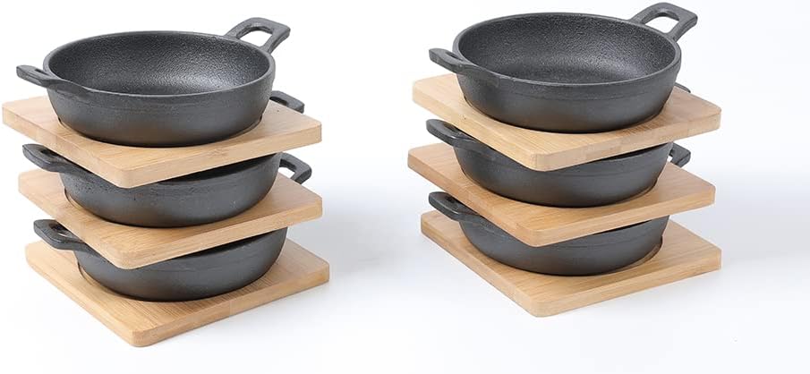 HAWOK Cast Iron Mini Serving Bowl Dia 4.7 inch with Bamboo Tray set of 6