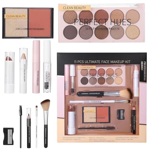 All in One Makeup Kit, 11 PCS Makeup Set for Women - Complete Cosmetic Bundle with Eyeshadow Palette, Lipstick, Highlighters, Mascara & Brushes, Ideal Makeup Gift Set for Beginners and Daily Use