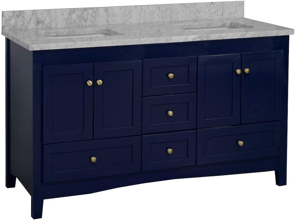 Kitchen Bath Collection Abbey 60-inch Double Bathroom Vanity (Carrara/Royal Blue): Includes Royal Blue Cabinet with Authentic Italian Carrara Marble Countertop and White Ceramic Sinks