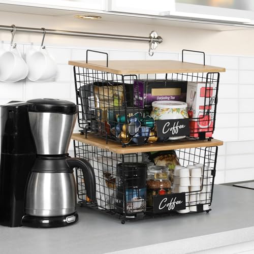 2 Set XXL Stackable Wire Basket with Bamboo Tops & Tag- Pantry Organizer and Storage Bins, Kitchen Counter Cabinet Shelf Countertop Under Sink Organizing, Food Snack Produce Onion Potato Bread Storage - Image 7