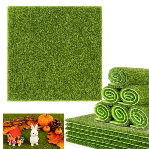 MAQIHAN Fake Grass Decor for Crafts - 6 PCS Artificial Grass Mat for Crafts Decoration for Miniature Turf Mat Grass DIY Fairy Garden Accessories 5.9x5.9 inch