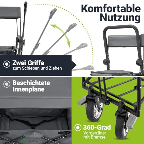 Juskys Bollerwagen mit Dach & Tasche - Wagen bis 120 kg belastbar - Handwagen faltbar zum Schieben & Ziehen - Klappbollerwagen Dunkelgrau – Bild 6
