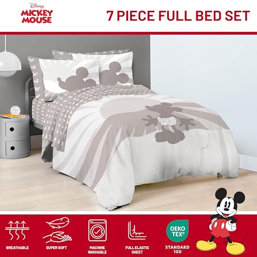 Image of Disney Mickey Mouse Full Comforter Set 7 Piece Cartoon Bedding, Grey | Bed in a Bag, Comforter Sheets Shams Pillowcases, Official Product, Soft Microfiber, Machine Washable, Kids Gift