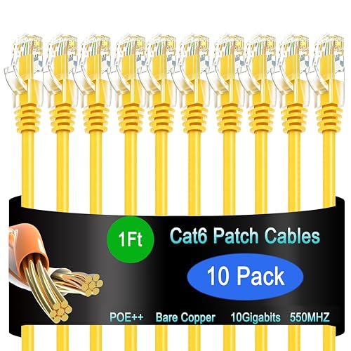 Image of Cat6 Ethernet Patch Cable 1 ft (10 Pack), Cat6 Patch Cable for Data Centers, Cat 6 Patch Cable 10G, Network Patch Cables for Home and Enterprise Network -Yellow