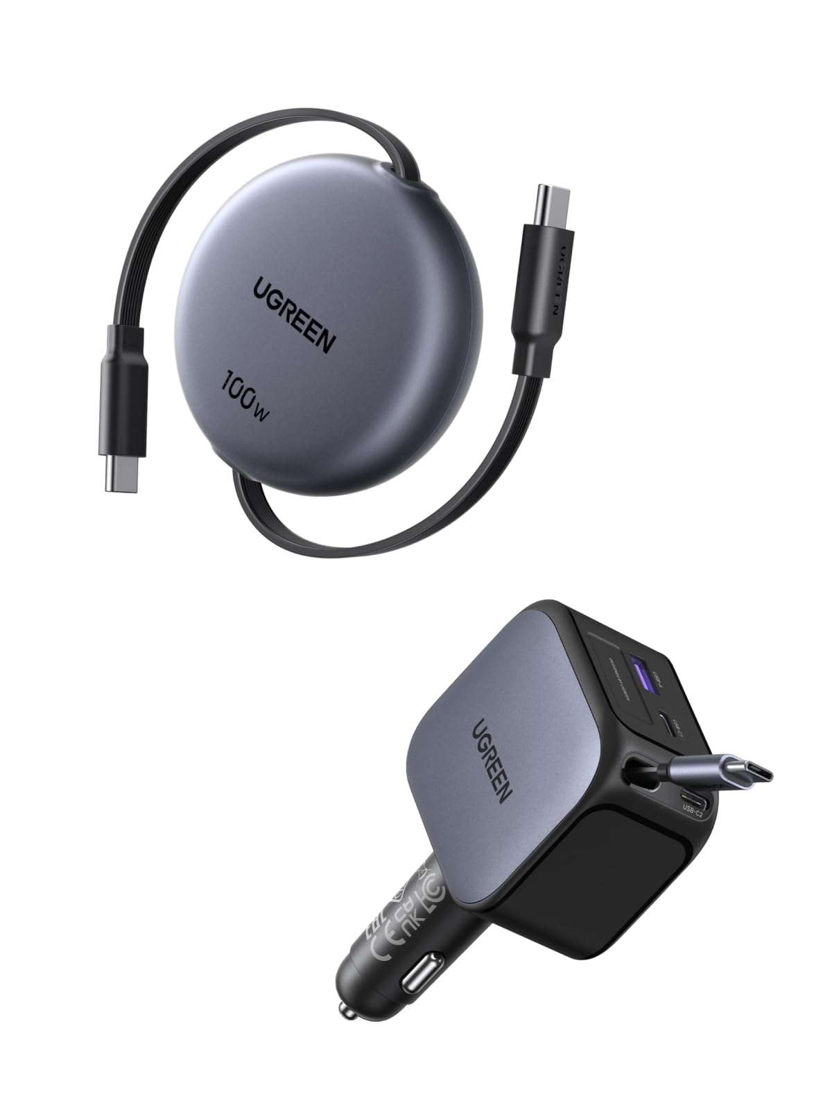 UGREEN 145W Caricatore Auto USB C | Cavo USB C Retrattile 100W