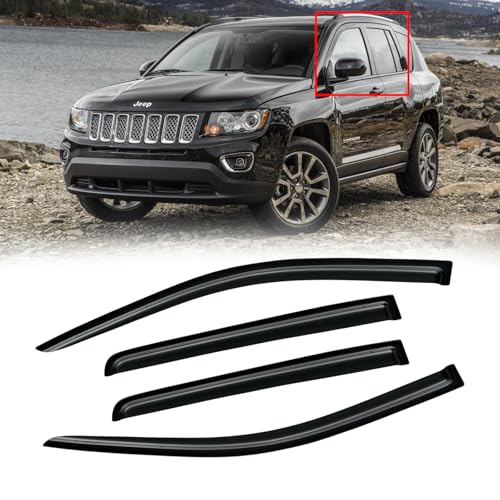 Image of Rain Guards Window Visor for 2007-2016 Jeep Compass Out-Channel | Shields Vent Deflector Shade Wind Dark Smoke 2008 2009 2010 2011 2012 2013 2014 2015, Tape-On Outside-Mount, 4PCS