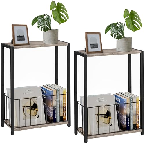 Homleke Narrow Side Tables Set of 2 with Magazine Holder,