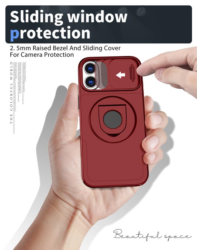 Image of LuxuryKase MagSafe Shockproof Rugged Back Case for iPhone 16 | Finger Ring Kickstand & Sliding Camera Cover | Military Drop Protection | Wireless Charging Support - Red