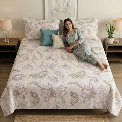 Image of Mafatlal 186 TC Metro Cotton Double Bedsheet | 90 x 100 Inch | Soft Daily Use Bedding with 2 Pillow Covers | Printed Cotton Bedsheet | Peach Blossom