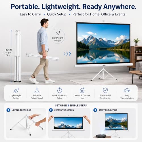 Image of TONZO 120 Inch Tripod Projector Screen with Stand 6ft(H)*8ft(W), 4:3 Ratio Projection Screen with Adjustable Stand, Indoor & Outdoor Wrinkle Free White Matte Fabric Projection Screen for Home & Office