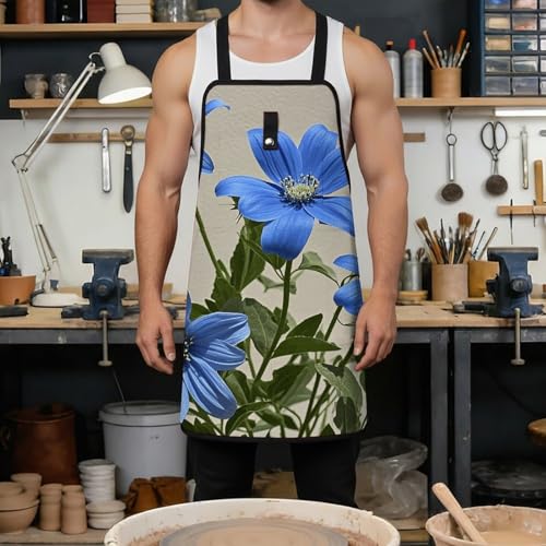 Delantal de trabajo azul cian con flores miniatura 4