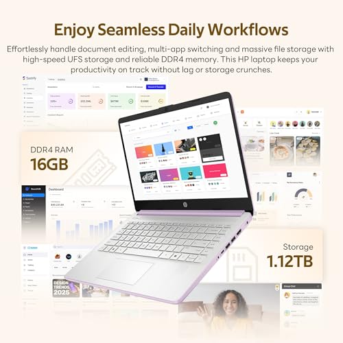 Image of HP Flagship 14 inch HD AI Copilot Laptop for Student&Business, 13th Gen Intel 4-Core, 16GB RAM, 1.12TB Storage (128GB UFS + 1TB Docking Station), 1 Year Office 365, Wi-Fi 6, Win 11 S, Lavender Purple