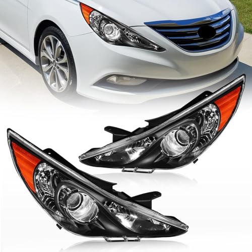 Headlights Assembly for 2011 2012 2013 2014 Hyundai Sonata (Excludes Hybrid) Replacement Halogen Headlamp Driver &Passenger Side Black Housing Amber Corner