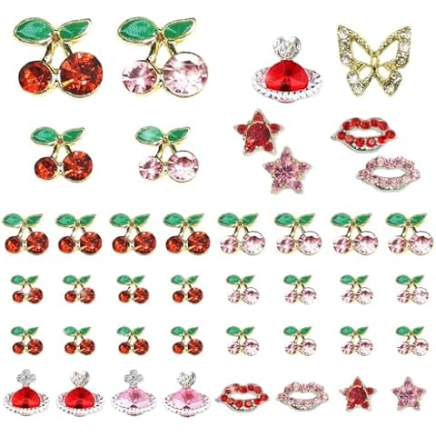 qiipii 42 Pcs 3D Cherry Nail Charms Heart Planet Star Lips valentines day Charms for Nails Kawaii Nail Rhinestones Gems Studs Cute Shiny Diamonds Jewelry Nail Art for Nails Face Makeup Crafts DIY Cover