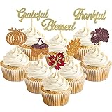 Glittery Thanksgiving Cupcake Toppers, 24 Pcs Fall Themed Cupcake Toppers Turkey Maple Leaf Pumpkin Cake Picks for Thanksgiving Day Party Decorations