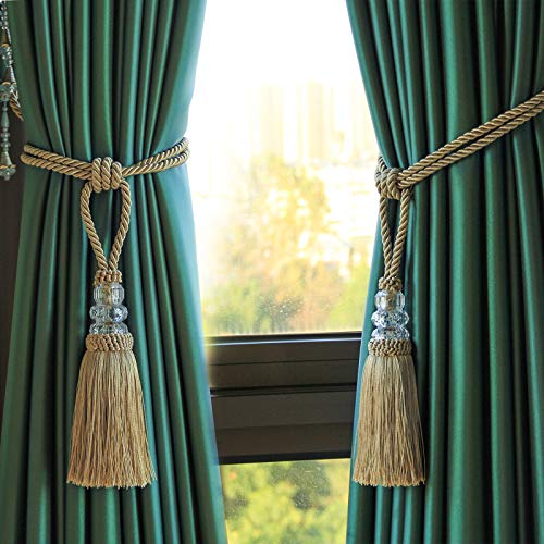 Fenghuangwu Tassel Curtain Tiebacks Handmade Curtain Tie Backs, Elegant Crystal Curtain Holdbacks for Home Office Decor (Golden, 4P)