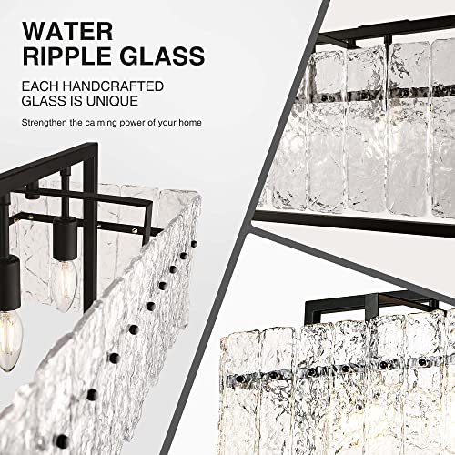 IKK Modern Rectangle Black Crystal Chandeliers for Dining Room, 42" Large Rectangular Water Ripple Glass Island Light Fixture, Linear Farmhouse Lighting for Kitchen Island, Living Room, L42xW11xH12