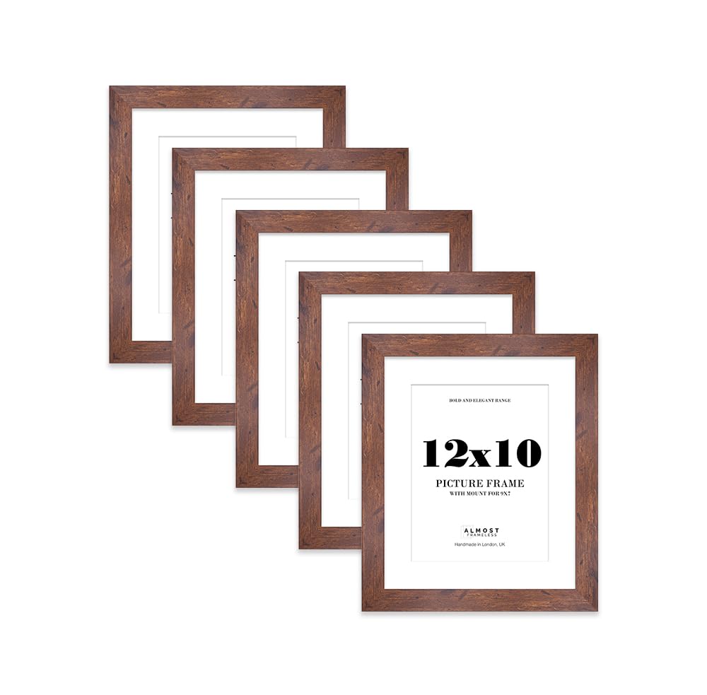 12x10 Rustic Wood Frame With Mount for 9x7 Pictures 28mm Edge Portrait and Landscape Display with Wall Hooks and Kickstand, 5 Pack