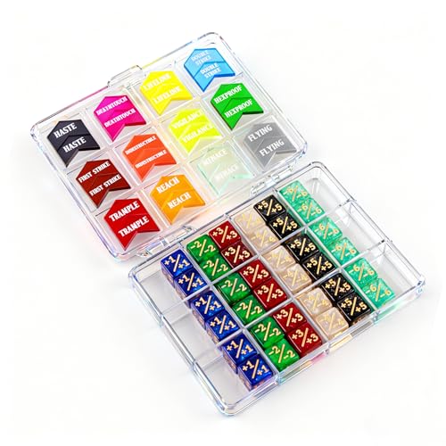 61 Pieces MTG Dice Counters and Abilities Keywords Creature Stats Buff Acrylic Tokens with Box for MTG TCG Games Gift Gaming Accessories (Colors)