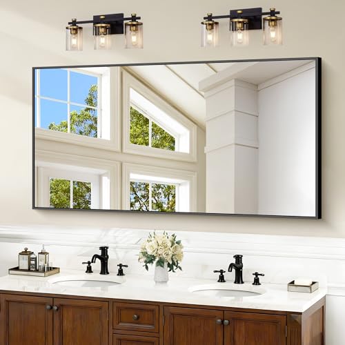 Image of Black Bathroom Mirror for Wall, 55x30 Inch Rectangle Mirrors with Metal Frame, Modern Vanity Wall Mirror Decor for Bathroom Living Room, Entryway Hangs Horizontal or Vertical