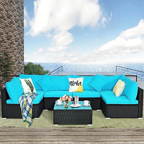 Image of DEVOKO 5 Pieces Outdoor Patio Furniture Wicker Sectional Sofa All-Weather HDPE Rattan Conversation Sets for Garden, Poolside, Porch (Turquoise Blue & Black)