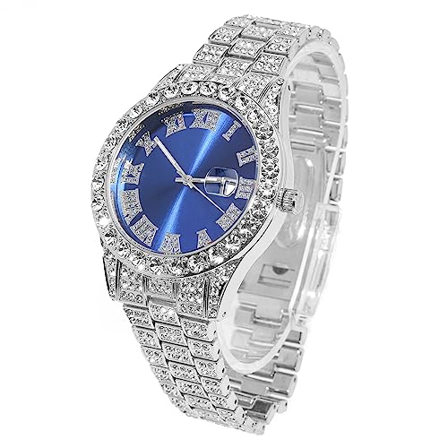 HALUKAKAH Diamante Reloj de Oro para Hombre,Platino Chapado en Oro Blanco Cuarzo Pulsera 24cm Esfera Azul,con Caja de Regalo