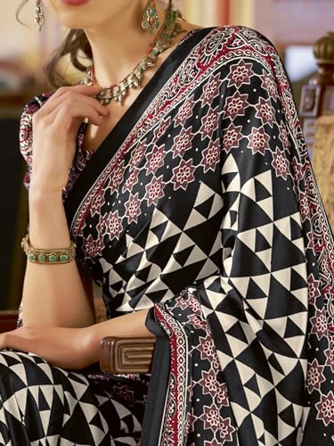 Image of SAREE MALL Women's Ajrkh Print Satin Crepe Polka Dot Printed Saree With Unstitched Blouse Piece