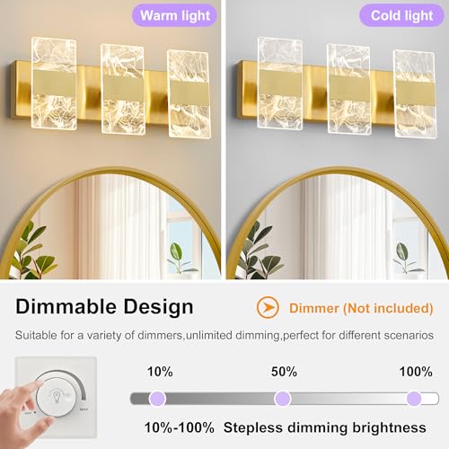 Image of Modern LED Bathroom Light Fixtures Dimmable 3-Light Gold Vanity Light