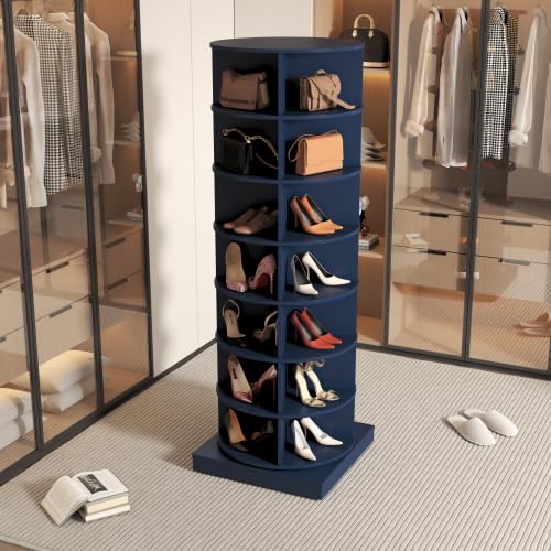 Image of Rotating Storage Rack-American Design White-7-Tier Spinning Storage Rack,Free Standing 360 Revolving Shoe Organizer-for Bedroom,Livingroom,Hallway. (Blue,7-Tier with Base)